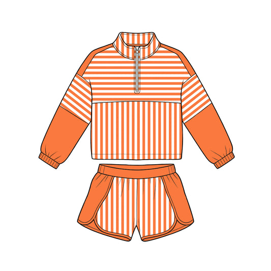 ( Moq 5 ) Baby Girls Kids Long Sleeves Zipper Pullover Stripes Shorts Team Set Clothes