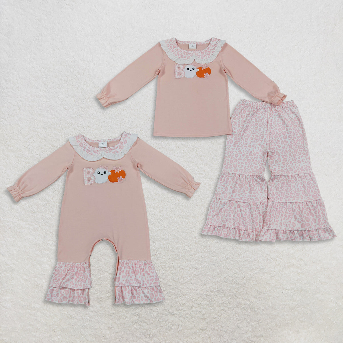 Sibling Baby Girls Kids Halloween Pumpkins Ghosts Bows Leopard Romper Hoodie Set Clothes RTS