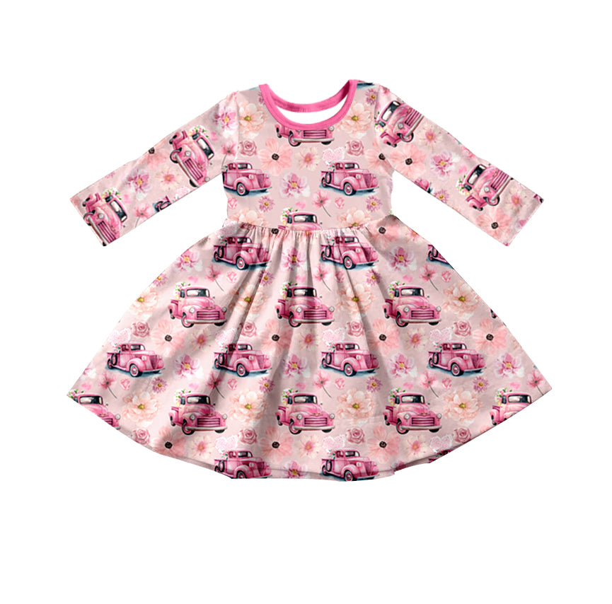 Baby Girl Long Sleeves Valentine Car Flower Pink Dress