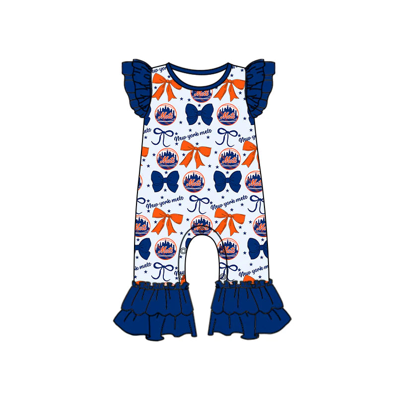 ( Moq 5 each style ) Baby Girl Toddler SF Team Orange Blue Bows Sibling Romper Dress Set 6.16