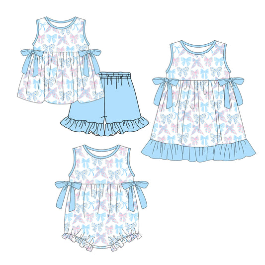 ( Moq 5 Each Style ) Sibling Baby Girls Kids Sleeveless Bows Blue Romper Dress Set