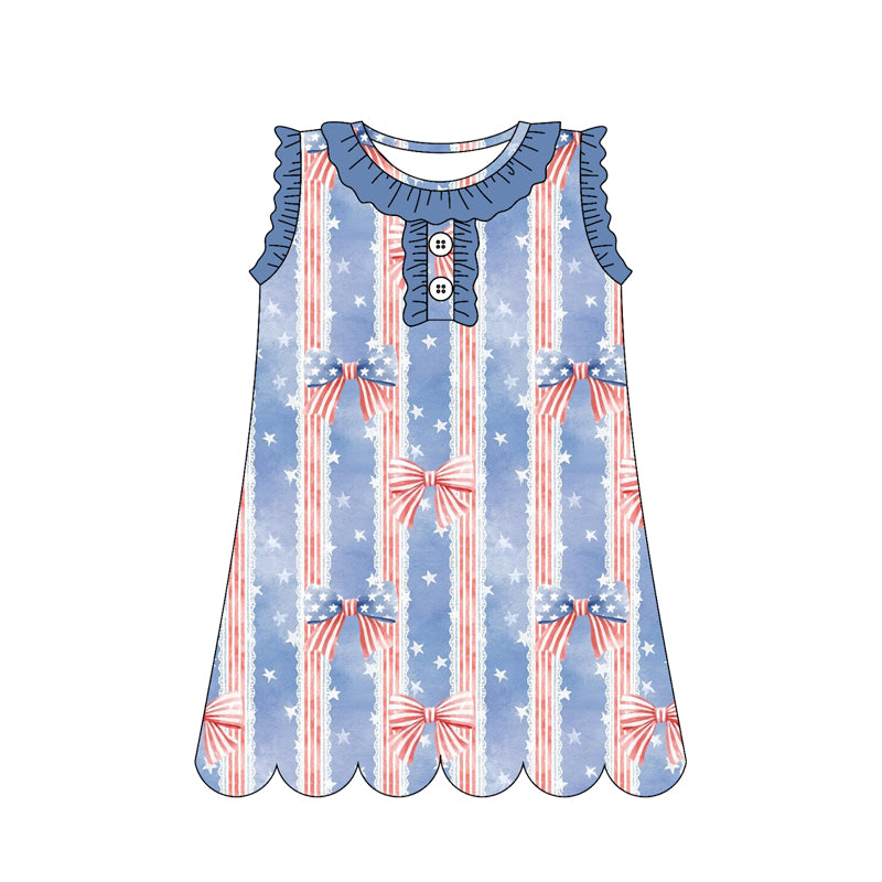 ( Moq 5 Each Style ) Sibling Baby Girls Kids Bows Flags Flower 4th of July Knee Length Dresses
