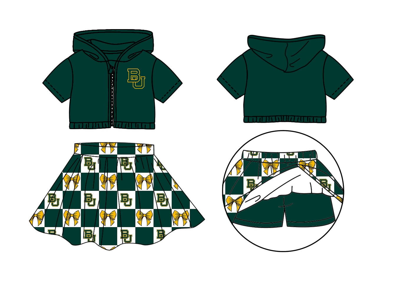 ( Moq 5 Each Style ) Baby Girls Short Sleeves Green Hoodie Zipper Tops Bows Plaid Shorts Skirt Team Set