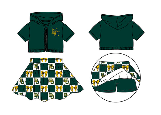 ( Moq 5 Each Style ) Baby Girls Short Sleeves Green Hoodie Zipper Tops Bows Plaid Shorts Skirt Team Set