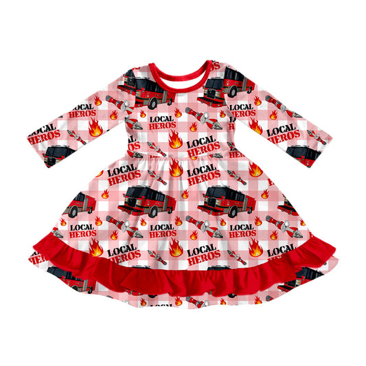 Baby Girl Long Sleeves Fire Trucks Plaid Dress