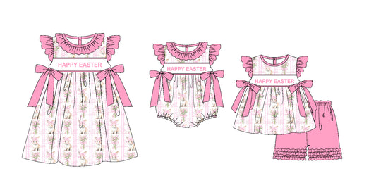Baby Girl Happy Easter Flower Rabbits Sibling Romper Dress Clothes Set ( Moq 5 Each Design )11.20