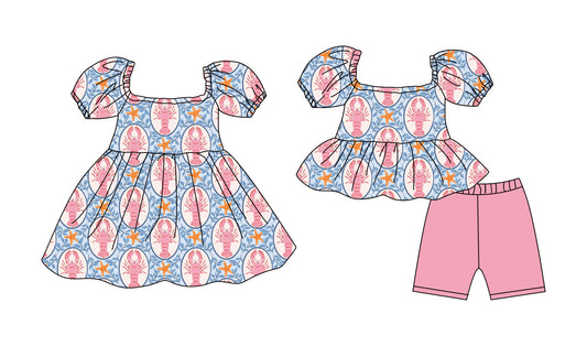 ( Moq 5 Each Style ) Baby Girls Kids Short Sleeves Crayfish Sibling Summer Dress Set