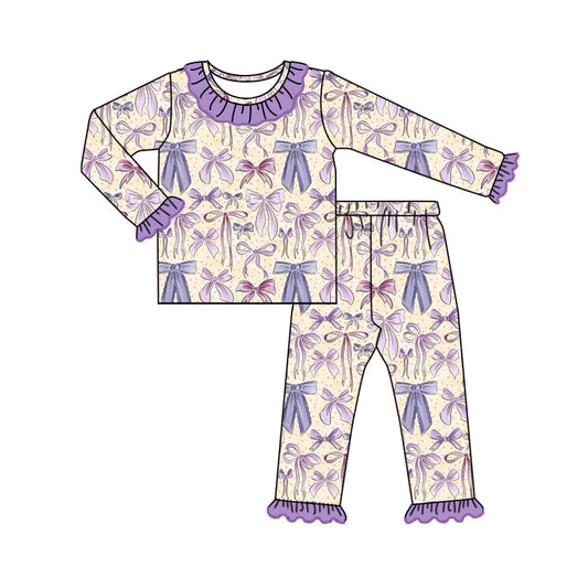 Baby Girl Long Sleeves Bows Purple Ruffle Shirt Pants Pajamas Set