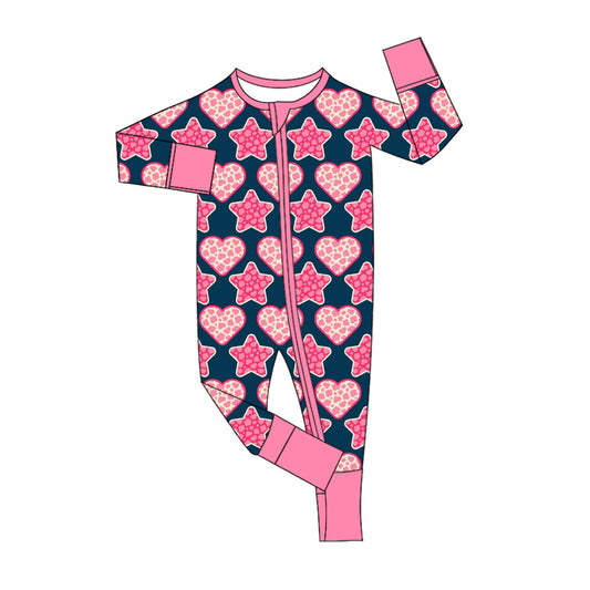 Baby Girl Infant Long Sleeves Hearts Stars Zipper Romper Moq 5