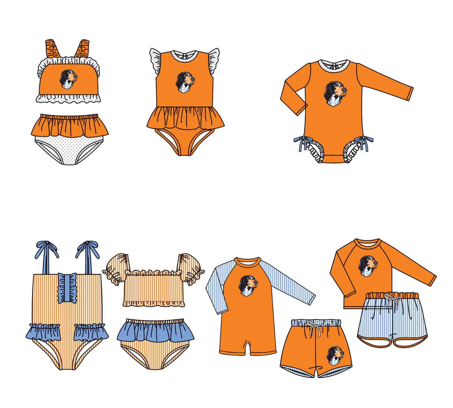 ( Moq 5 Each Style ) Baby Boys Girls Kids Team Sibling Dogs Jumpsuits Sets Swimsuits