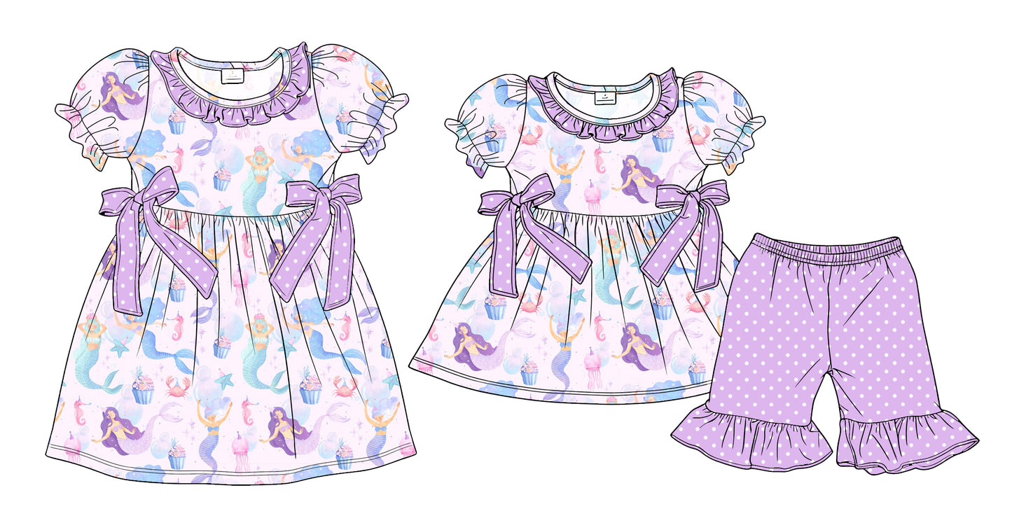 ( Moq 5 Each Style ) Sibling Baby Girls Kids Short Sleeves Purple Bows Summer Dress Set Clothes