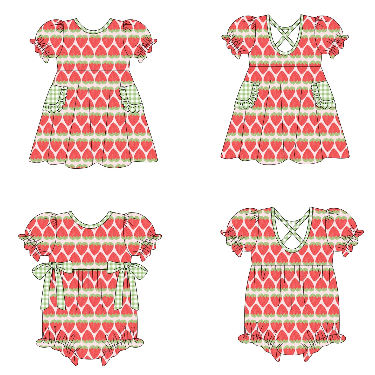 ( Moq 5 Each Style ) Girls Kids Short Sleeves Strawberry Valentine's Day Sibling Romper Dress