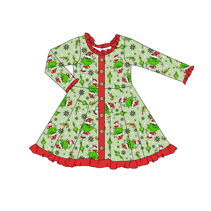 Baby Girl Long Sleeves Christmas Frog Lights Buttons Dress