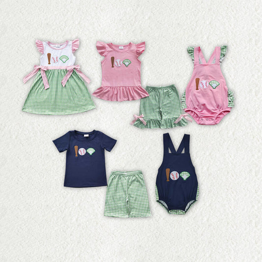 Baby Boy Girl Short Sleeves Embroidery Baseball Sibling Romper Dress Clothes Set