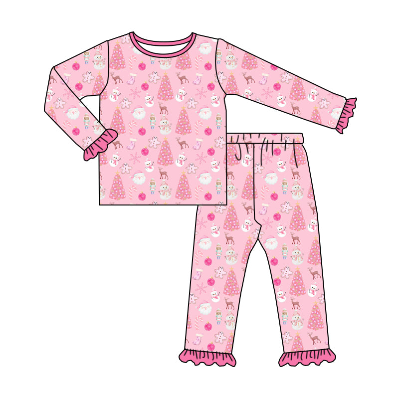 Baby Girl Long Sleeves Christmas Gingerbread Tree Shirt Pants Pajamas Pink Set