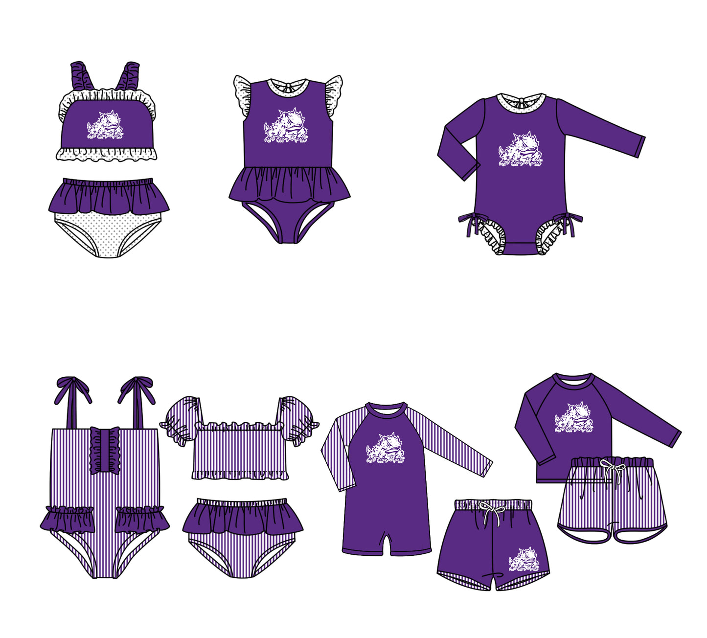 ( Moq 5 Each Style ) Baby Boys Girls Kids Team Sibling Jumpsuits Purple Sets Swimsuits