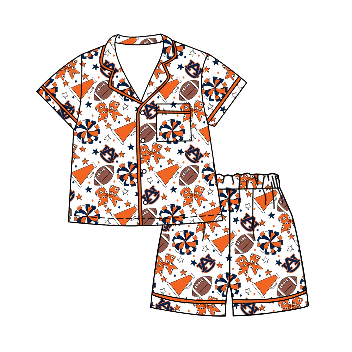 ( Moq 5 ) Baby Girls Kids Short Sleeves Orange Bows Cheer Football Shirt Shorts Pajamas Set