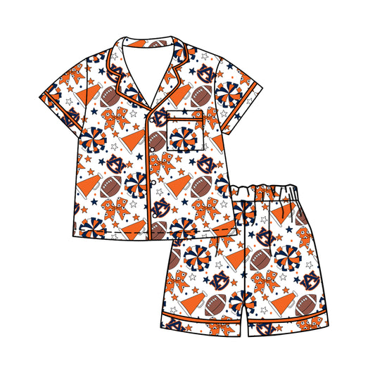 ( Moq 5 ) Baby Girls Kids Short Sleeves Orange Bows Cheer Football Shirt Shorts Pajamas Set