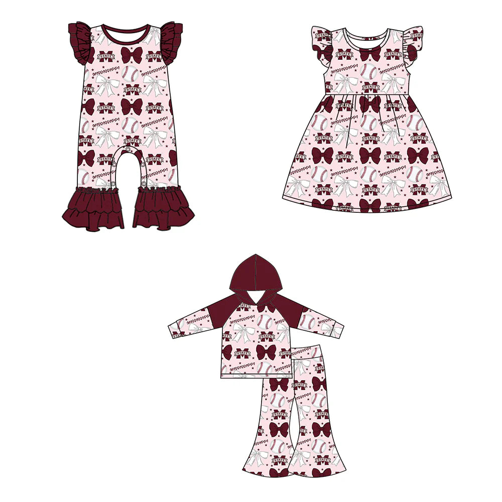 ( Moq 5 each style ) Baby Girl Toddler Team Bows Baseball Sibling Romper Dress Set 6.13