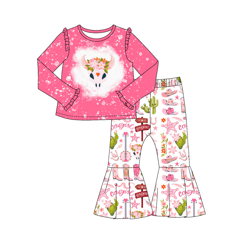 Baby Girl Toddler Western Pink Shirt Cactus Boots Pants Set