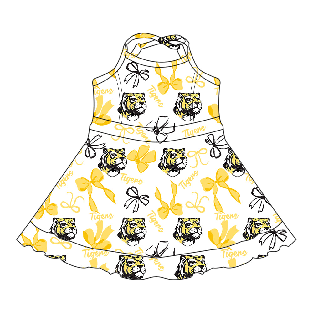 ( Moq 5 each style ) Baby Boy Girl Team Cheer Sibling Shirt Tiger Yellow Bows Jumpsuit Dress Set 7.30