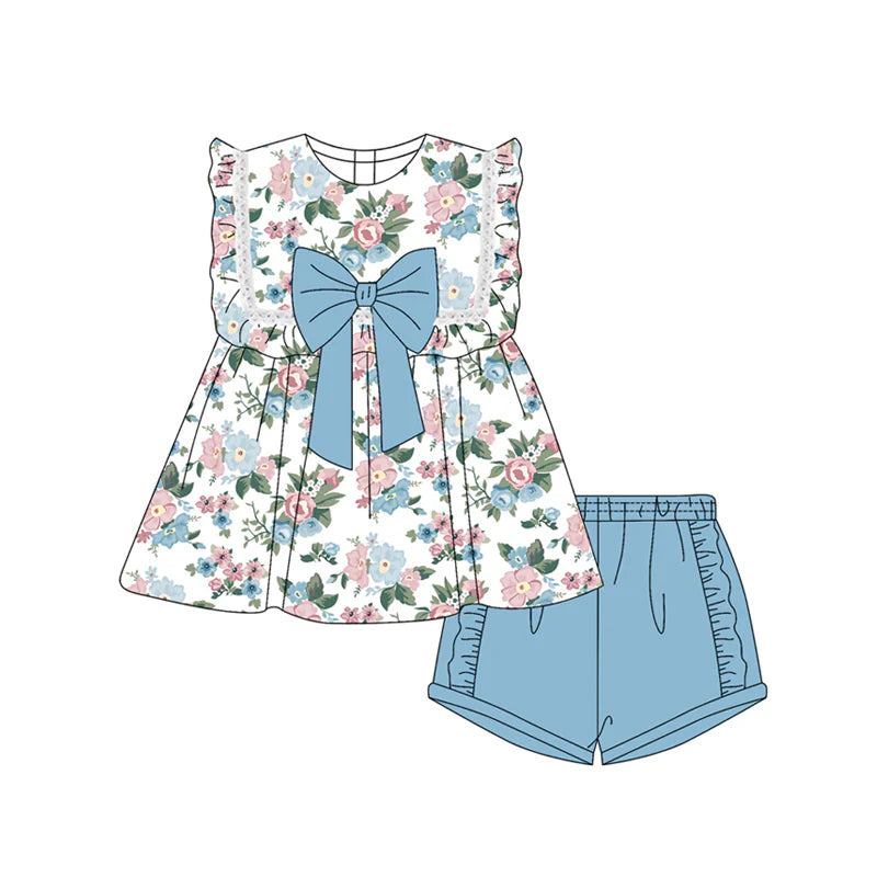 Baby Girl Sleeveless Blue Floral Tunic Ruffle Shorts Set ( Moq 5 )