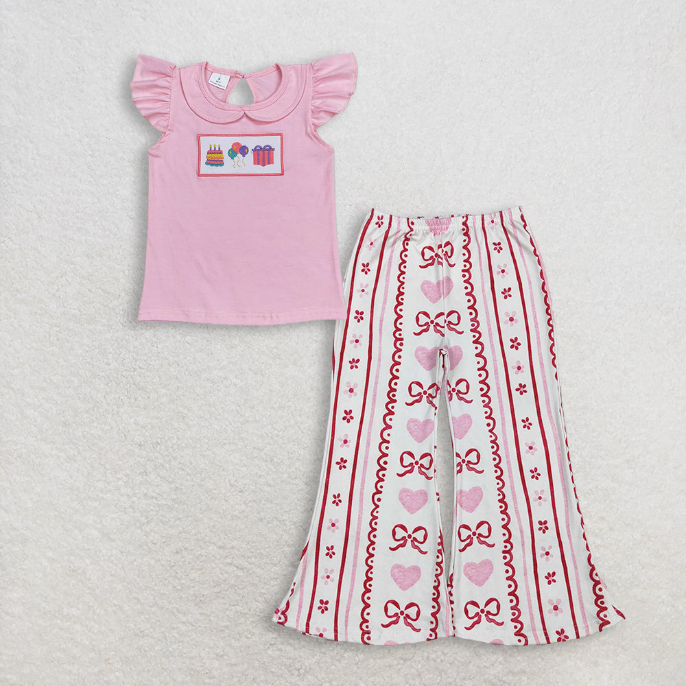 Baby Girl Kids Short Sleeves Embroidery Shirt Hearts Bows Flower Pants Birthday Set Clothes RTS
