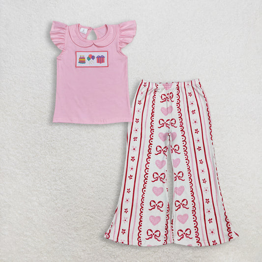 Baby Girl Kids Short Sleeves Embroidery Shirt Hearts Bows Flower Pants Birthday Set Clothes RTS