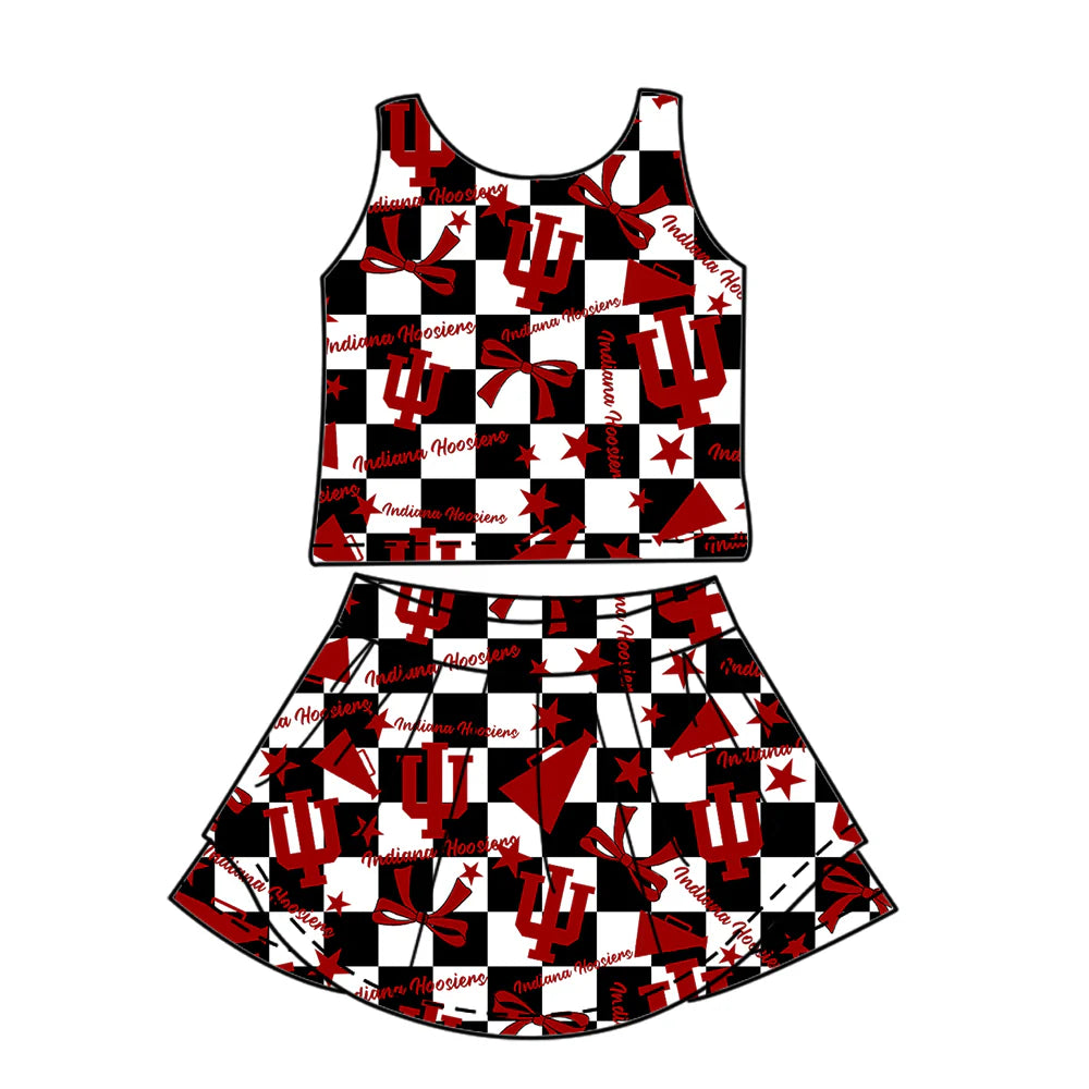 ( Moq 5 each style ) Baby Girl Toddler  Team Red Bows Cheer Sibling Checked Dress Set 6.30