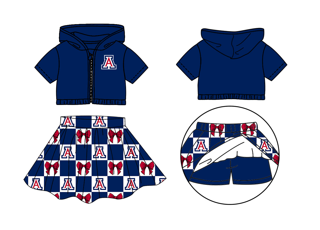 ( Moq 5 Each Style ) Baby Girls Kids Short Sleeves A Navy Hoodie Zipper Tops Bows Plaid Shorts Skirt Team Set