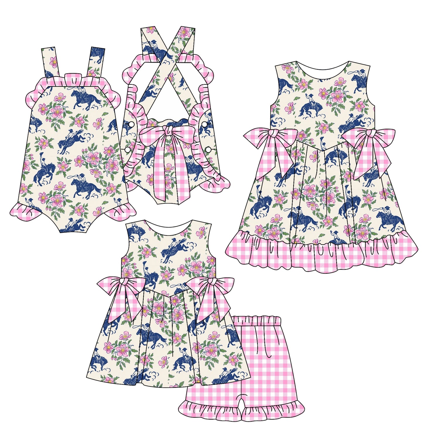 Baby Kids Toddler Western Cowgirl Flower Sibling Romper Dress Set ( Moq 5 Each Style ) 3.7