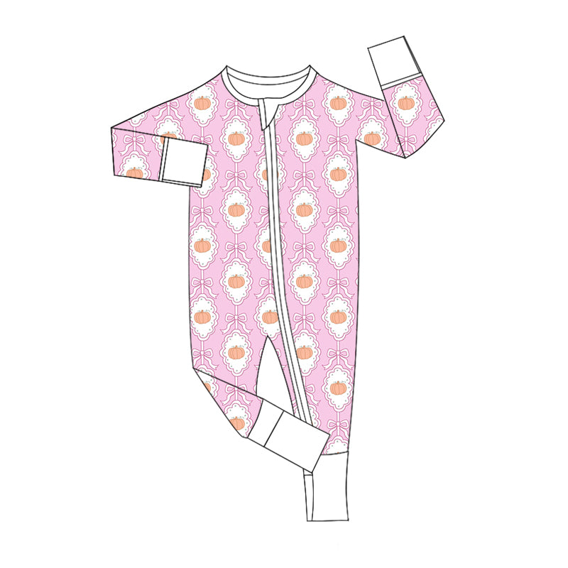 Baby Girl Infant Fall Pumpkin Bows Zipper Pink Romper