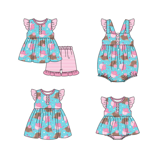 Baby Girl Short Sleeves Western Cow Sibling Romper Dress Clothes Set ( Moq 5 Each Design )
