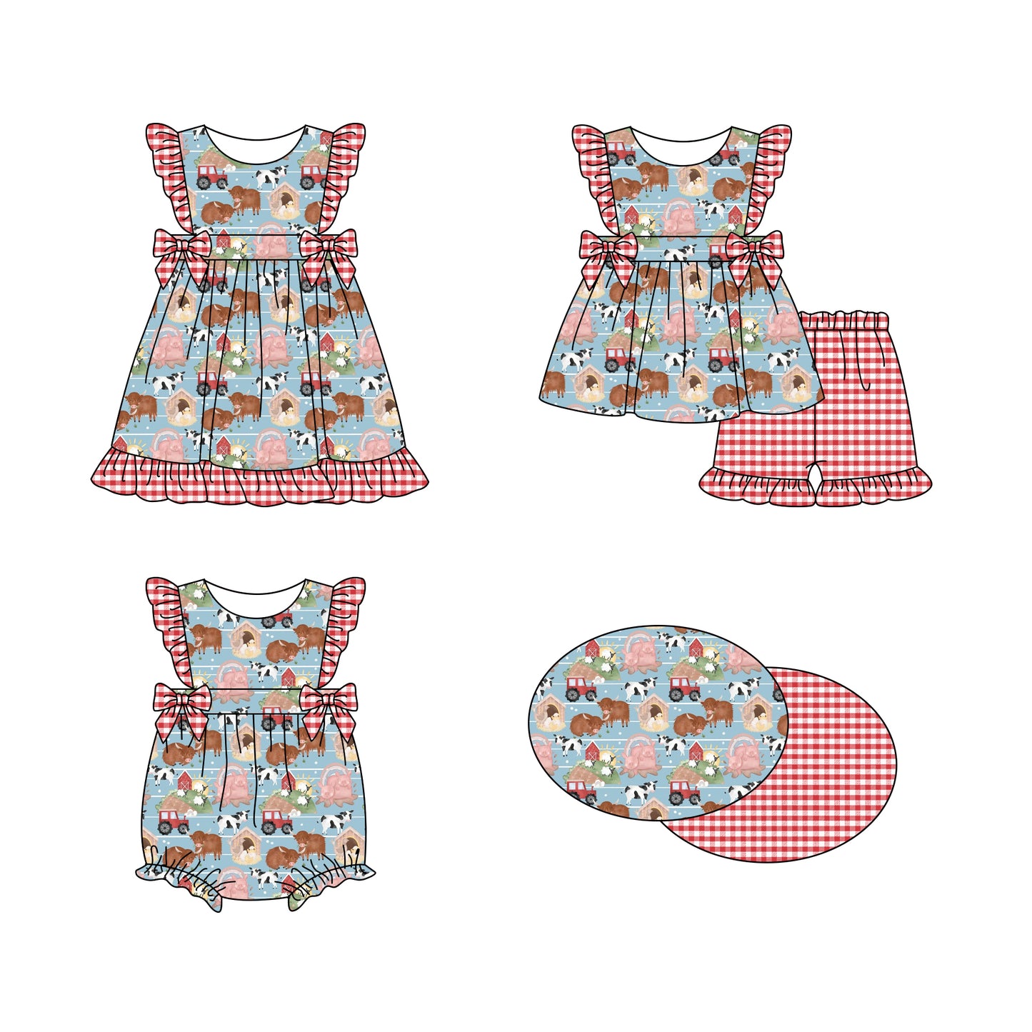 Baby Girl Farm Animals Bows Sibling Romper Dress Clothes Set ( Moq 5 Each Design )