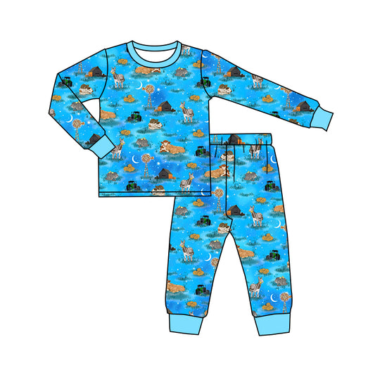 Baby Boy Toddler Long Sleeves Shirt Farm Animals Pants Blue Pajamas Set