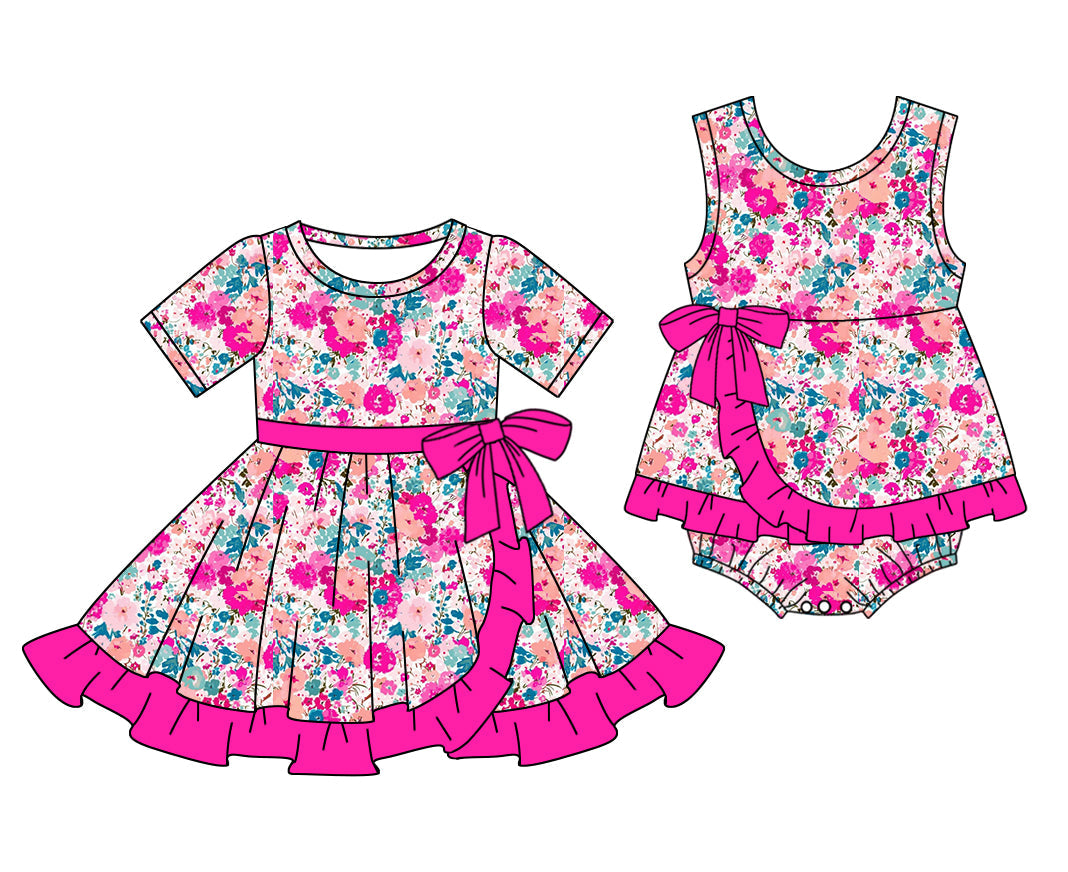 Baby Girl Flower Pink Bows Sibling Romper Dress ( Moq 5 Each Style ) 1.8