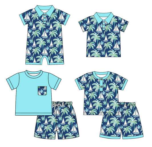 ( Moq 5 Each Style ) Baby Boy Short Sleeves Tree Boats Sibling Romper Shirt Set 4.19
