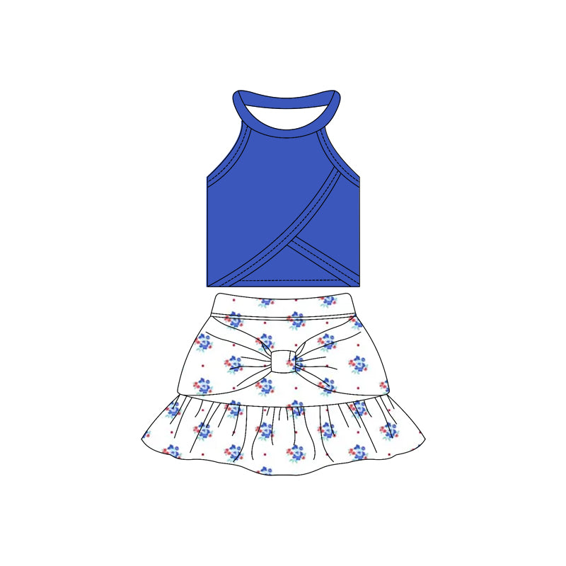 ( Moq 10 ) Baby Girl Sleeveless Blue Vest Top Flower Dots Bow Ruffle Shorts Skirts Activity Wear Yoga Set
