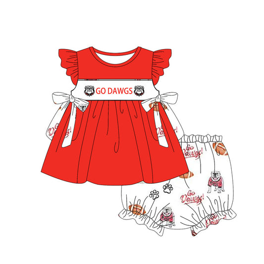 Baby Girl Short Sleeves Team Red Tunic Dogs Bummie Shorts Clothes Set Moq 5