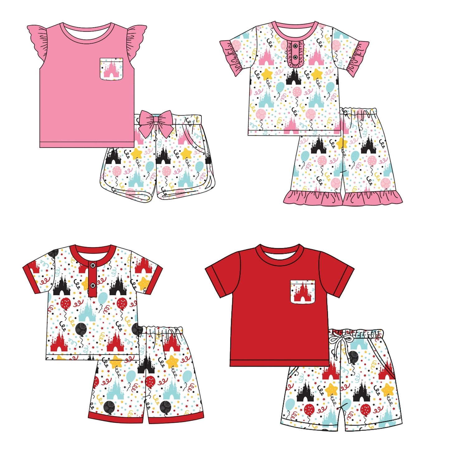 Baby Boy Girl Short Sleeves Birthday Castles Sibling Pajamas Set ( Moq 5 Each Style ) 12.18