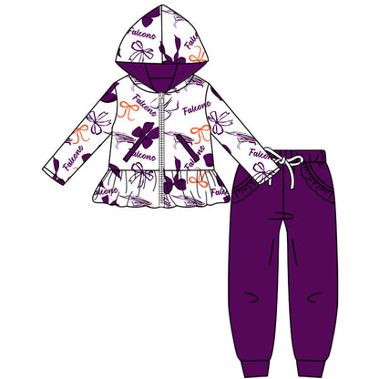 ( Moq 5 each style ) Baby Boy Girl Team Purple Sibling Shirt Bows Cheer Dress Set 8.16