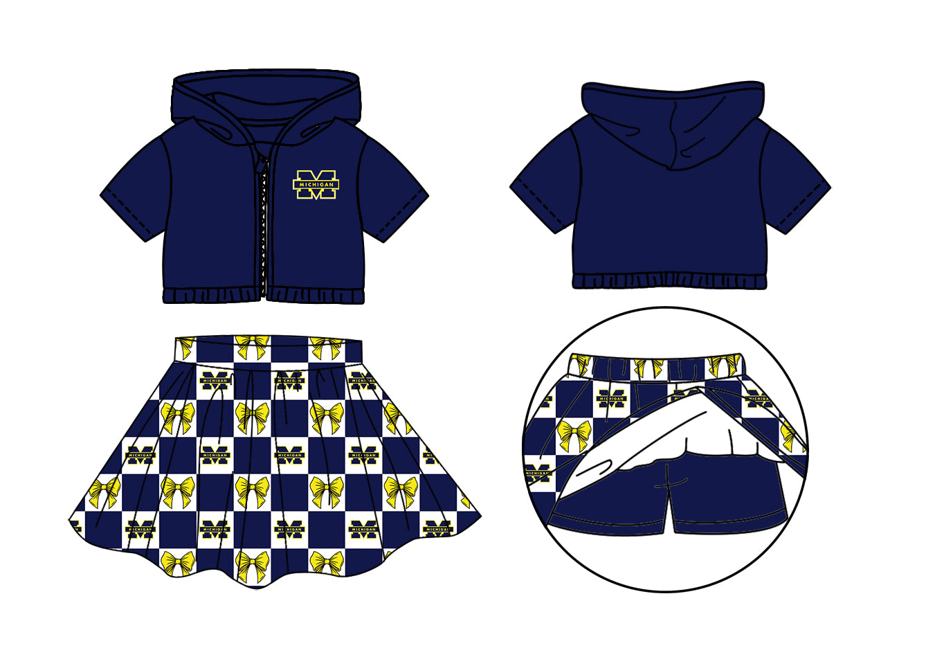 ( Moq 5 Each Style ) Baby Girls Toddler Navy Hoodie Zipper Tops Yellow Bows Shorts Skirt Team Set