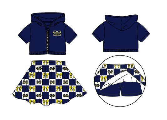 ( Moq 5 Each Style ) Baby Girls Toddler Navy Hoodie Zipper Tops Yellow Bows Shorts Skirt Team Set