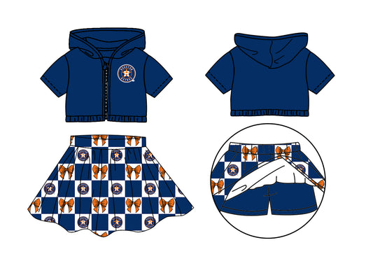 ( Moq 5 Each Style ) Baby Girls Kids Toddler H Blue Hoodie Zipper Tops Bows Shorts Skirt Team Set