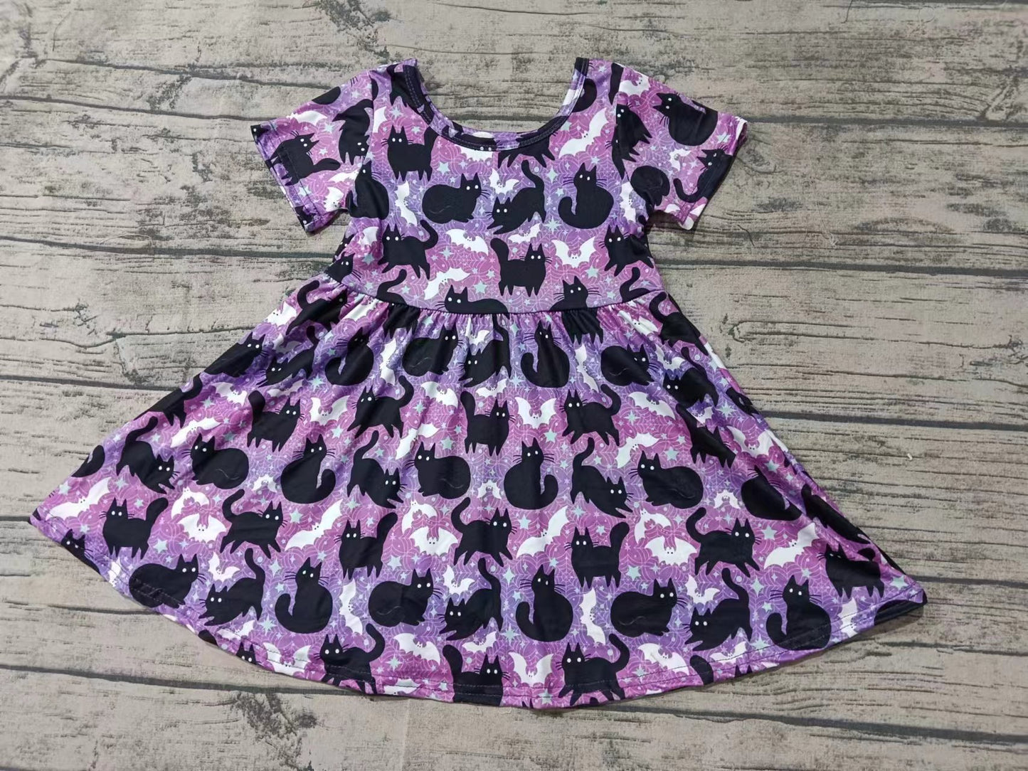 Baby Girl Toddler Short Sleeves Cat Knee Length Dress Moq 5