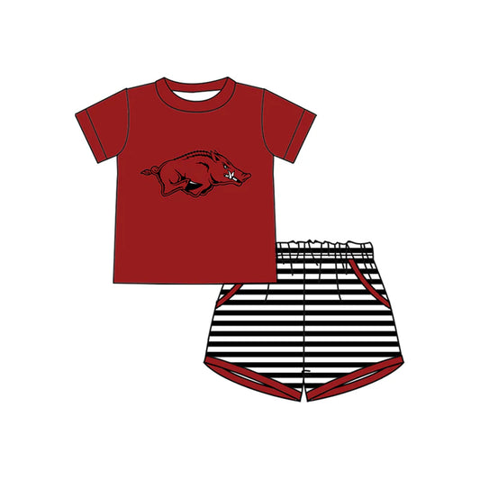( Moq 5 ) Baby Boys Short Sleeves Pig Red Shirt Stripes Pockets Shorts Team Clothes Set