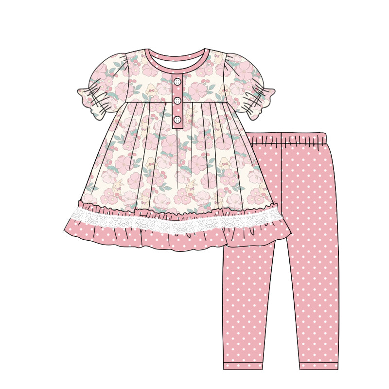 Baby Girl Toddler Short Sleeves Flower Tops Pink Dogs Leggings Pants Set