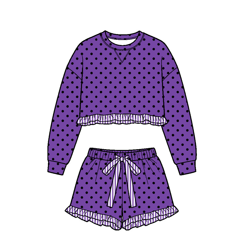 ( Moq 5 ) Baby Girls Kids Long Sleeves Ruffle Shirt Black Dots Shorts Set Purple Clothes