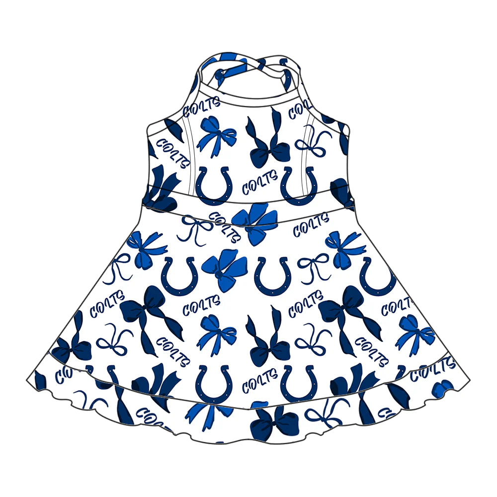( Moq 5 each style ) Baby Girl Toddler Blue Team Bows Sibling Skort Dress Set 6.6