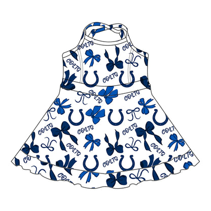 ( Moq 5 each style ) Baby Girl Toddler Blue Team Bows Sibling Skort Dress Set 6.6